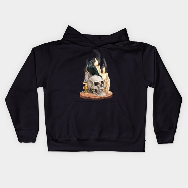 Skull And Crow in Candlelight Kids Hoodie by Daniel99K